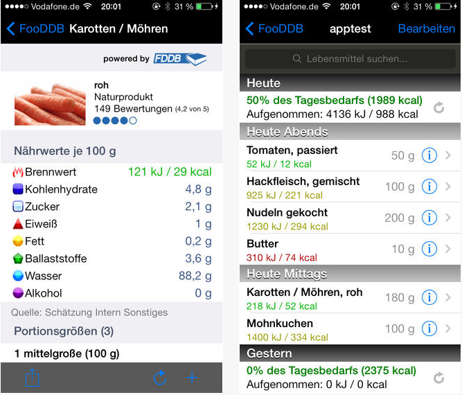 Ernährungsberater Apps FooDDB ist ein Kalorientracker und Nährwert Index von tausenden von Lebensmitteln